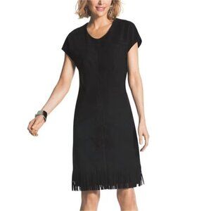 NWT Chico's Black Faux Suede Fringe Hem V-Neck Popover Short Sleeve Dress L/12